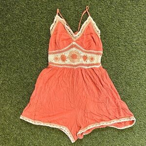 American Eagle Outfitters Vibrant Coral Embroidered Romper